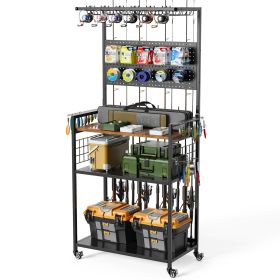 Fishing Rod Storage Rack with Pegboard, Rolling Tackle Organizer Cart, Multi-Tier Fishing Gear Stand for Rods, Reels, Tackle Boxes & Bags